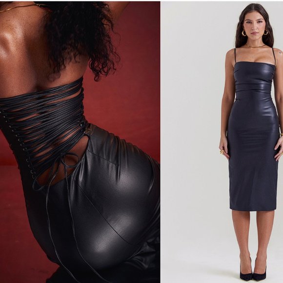 HOUSE OF CB 'Jalena' Black Vegan Leather Lace Back Dress NWOT - Picture 3 of 8